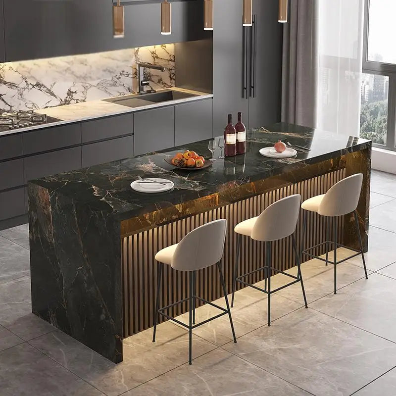Marble Kitchen Island Dining Table with Tea Bar Countertop, Custom Kitchen Peninsula Breakfast Bar for Open Concept Modern Home