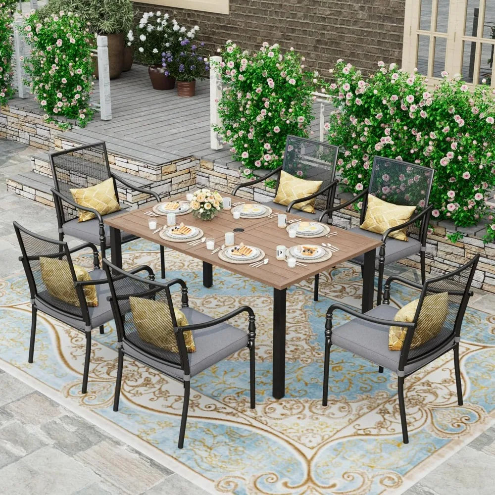 HERA'S HOUSE 6-Person Outdoor Dining Table Rectangular Metal Patio Table with Umbrella Hole Weather Resistant Wood-Like Finish