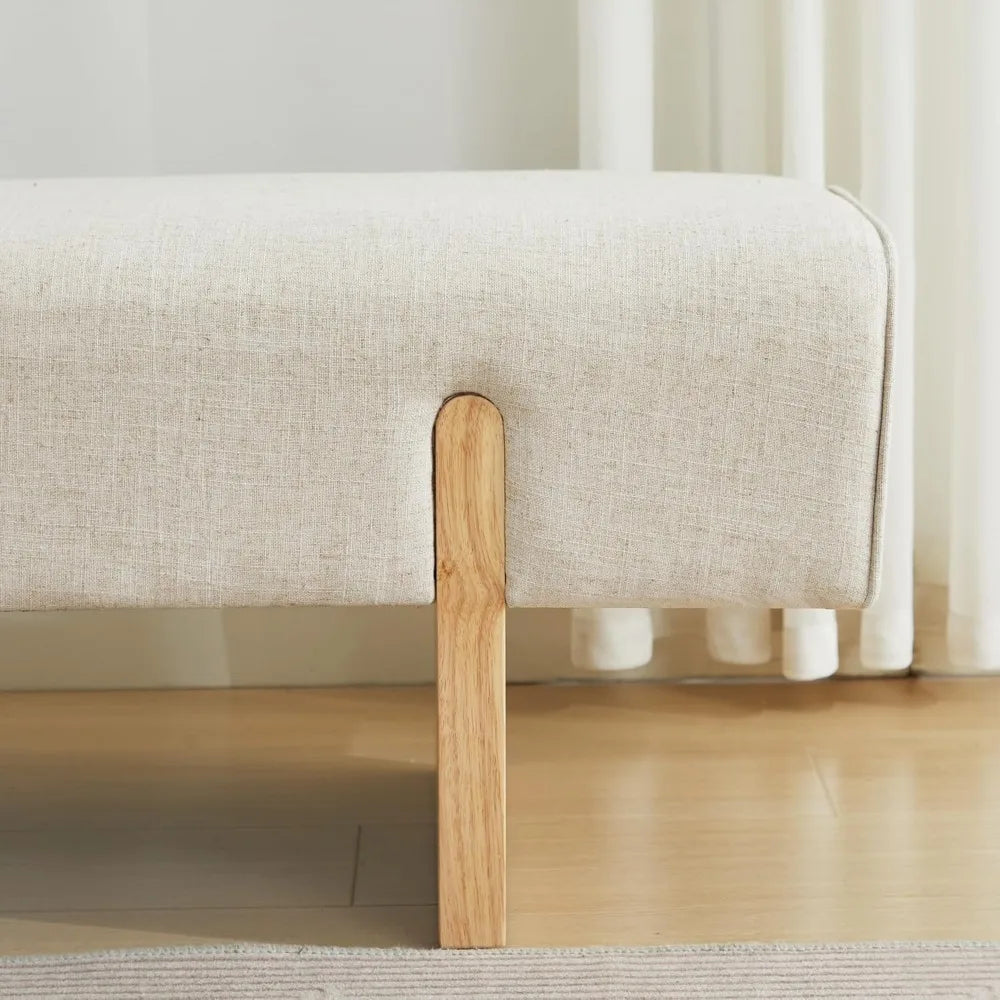 Solid Wooden Bench for Bedroom, 55'' Linen Fabric End of Bed Bench Queen Size, Modern Accent Entryway Bench