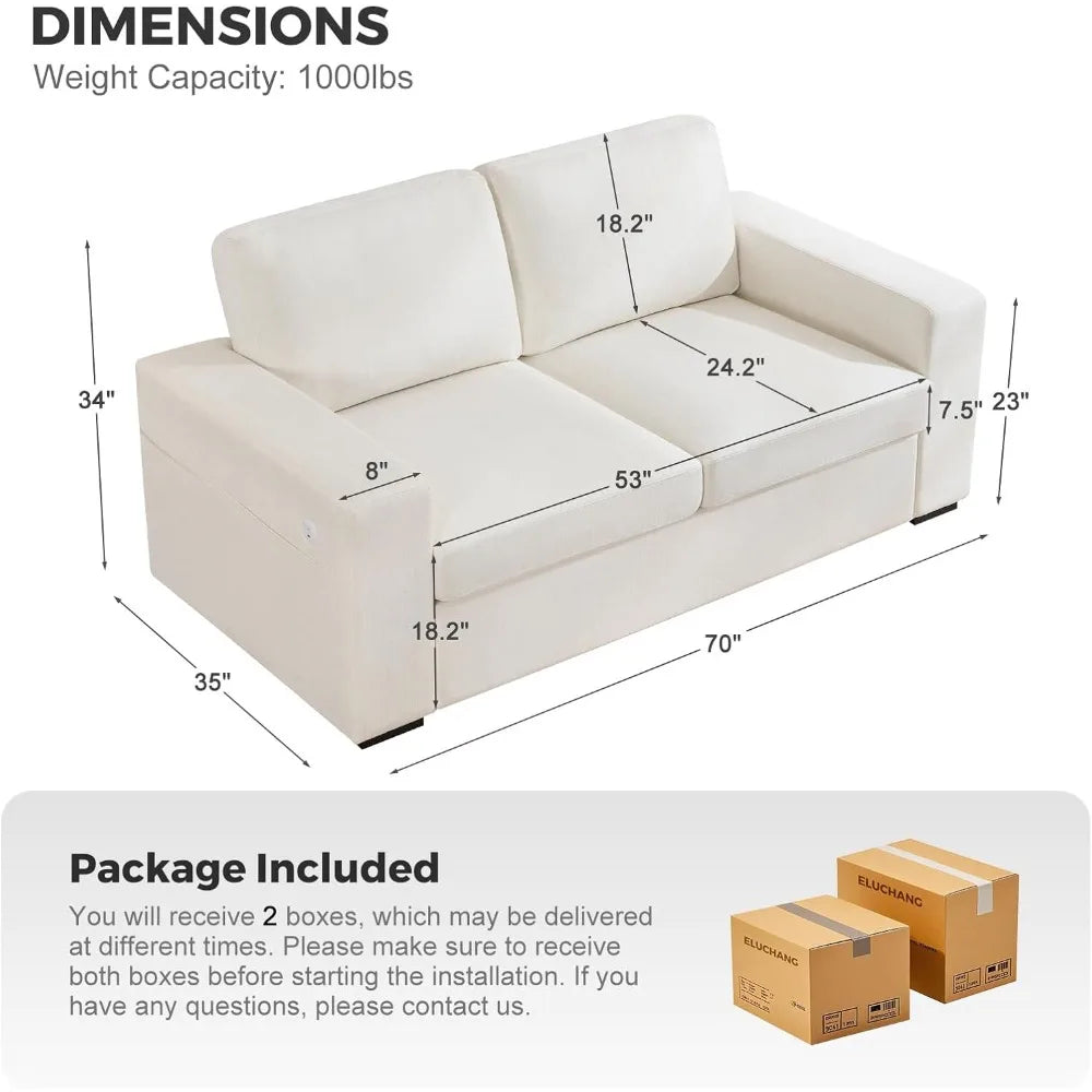 70" Sofa Couch for Living Room, Deep Seat Sofa with USB/Type-C Port, Side Pockets, Removable Cover, Comfy 2-Seats Loveseat