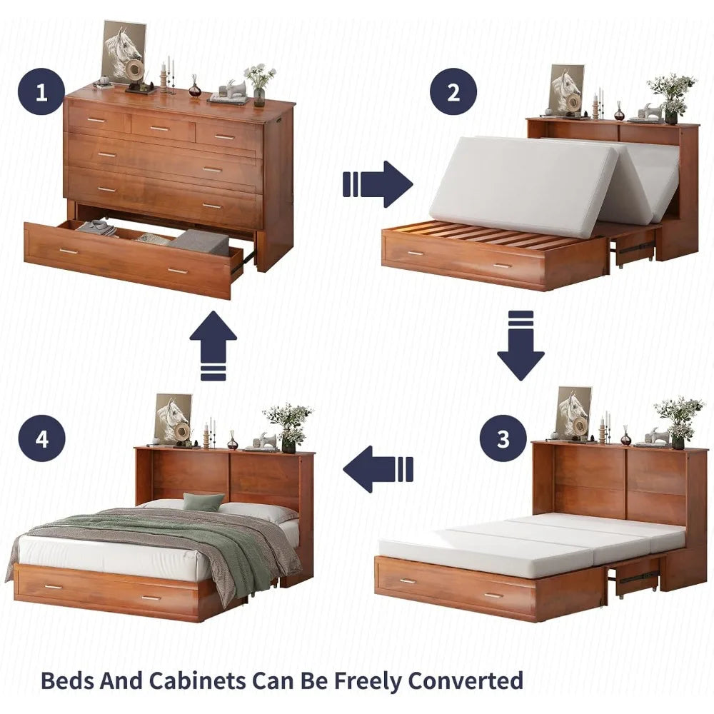 Murphy Bed, Queen Size Cabinet Beds, Elegant Adult Guest Bed with Mattress, Charging Station, Storage Drawer, Solid Wood Frame,