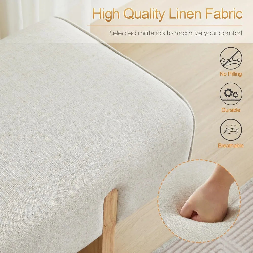 Solid Wooden Bench for Bedroom, 55'' Linen Fabric End of Bed Bench Queen Size, Modern Accent Entryway Bench