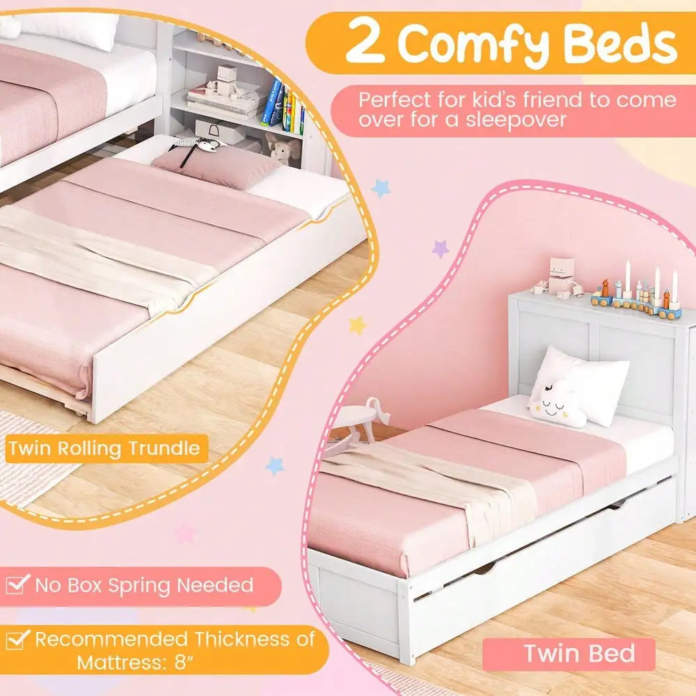 Wooden Twin Platform Bed with Trundle Storage Headboard Pull Out Shelves White