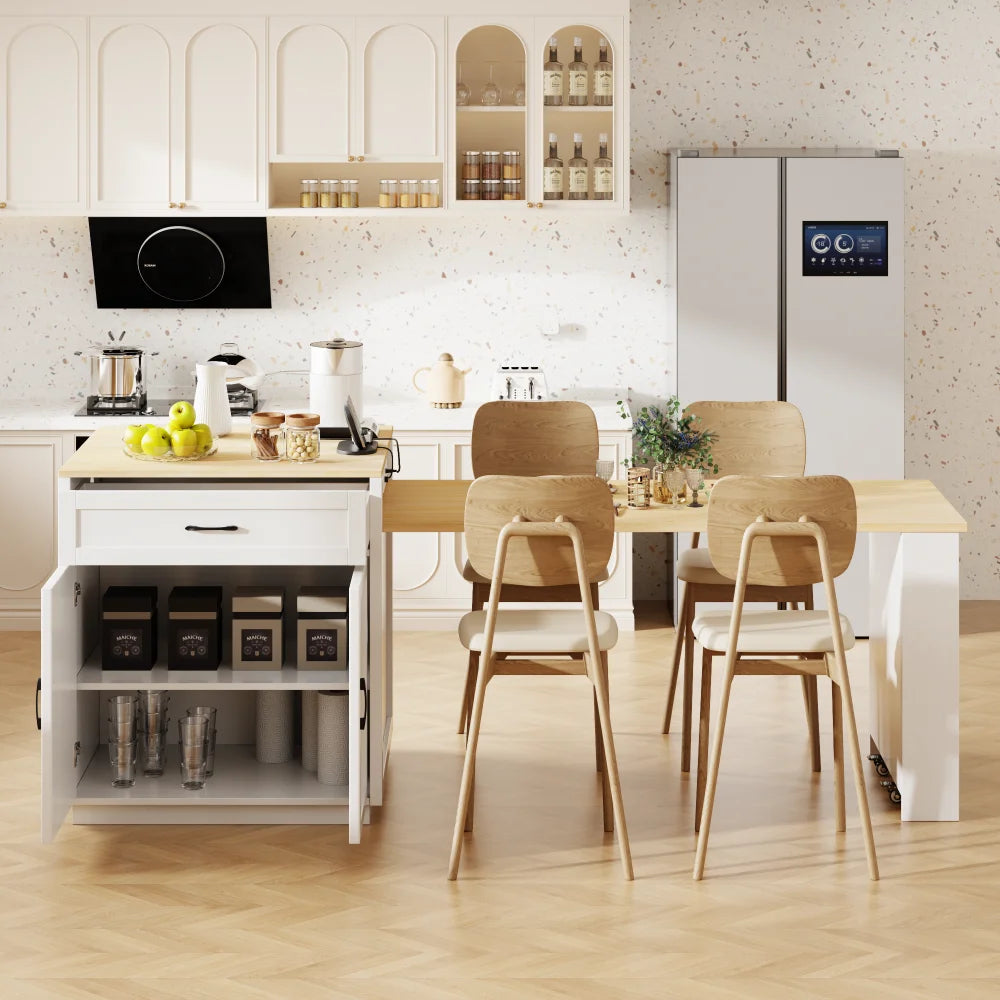 82.7 inch Kitchen Island with Extendable Dining Table for 4-6 Person,Two-tone Kitchen Table with Double-sized Storage, Power