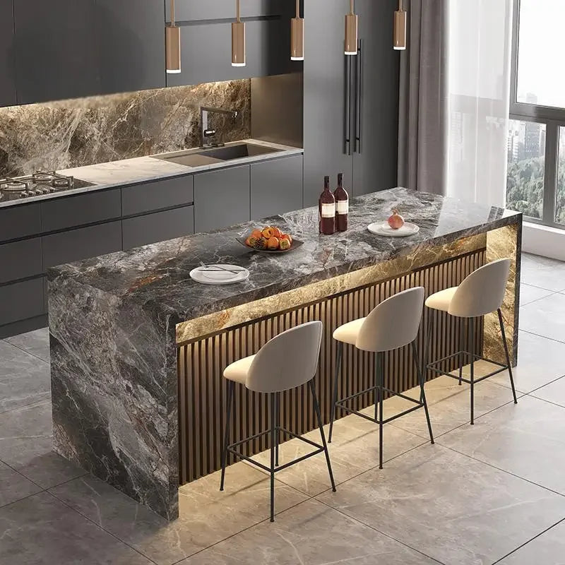 Marble Kitchen Island Dining Table with Tea Bar Countertop, Custom Kitchen Peninsula Breakfast Bar for Open Concept Modern Home