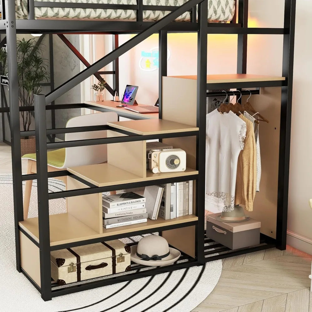Queen Size Gaming Loft Bed with Stairs and Desk, Metal Loft Bed Frame with Bedside Shelf and Light, Heavy-Duty Adults Lofts Beds