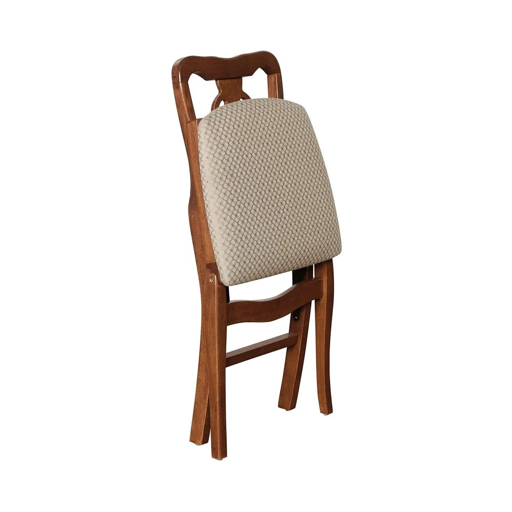 Folding Hardwood Chairs Set of 2 with Blush Upholstery Steel Mechanism Traditional Design Indoor Use Elegant Storage Solution