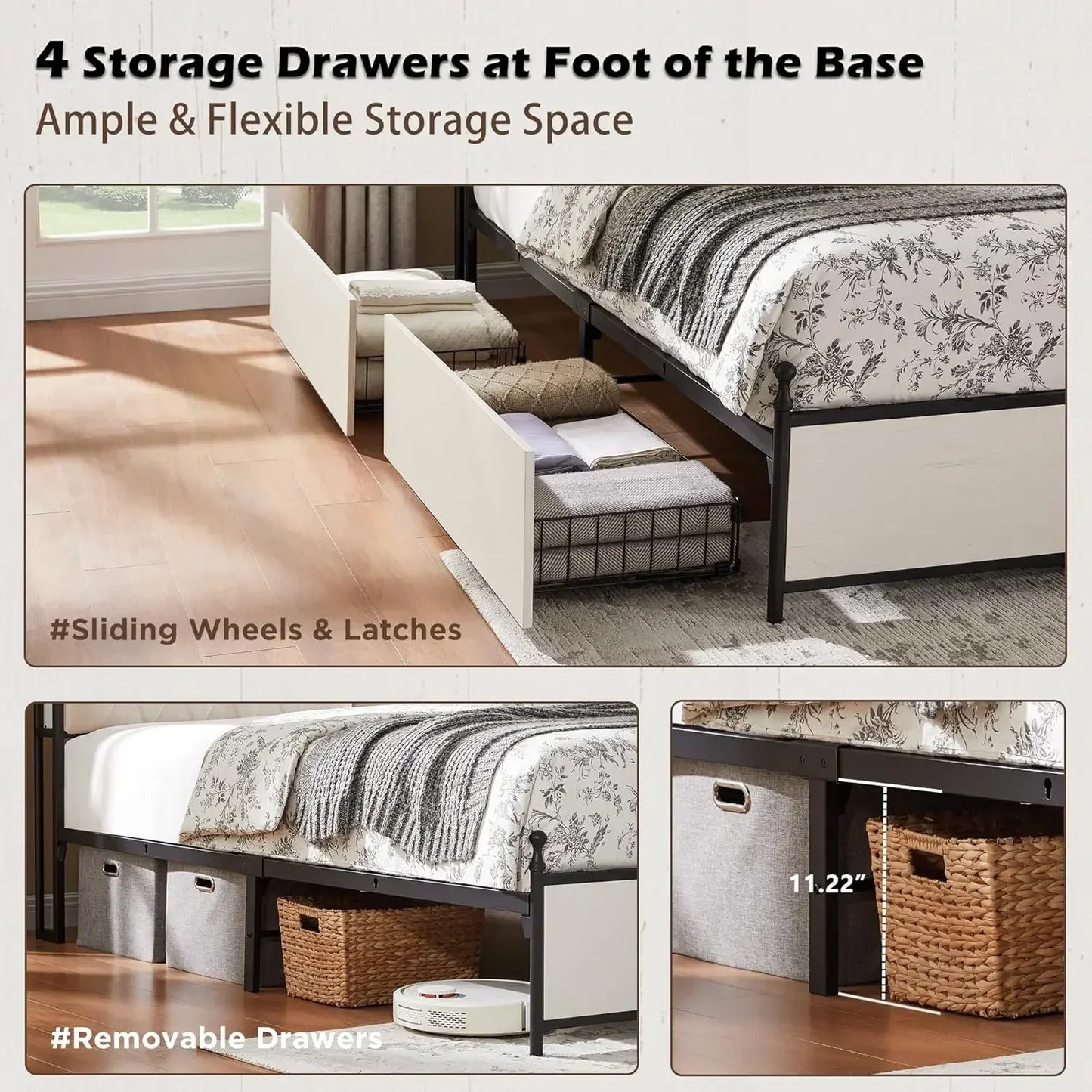 King Size Bed Frame with Upholstered Headboard, Modern Farmhouse Wood Metal Platform Bed with Storage Drawers,Antique White