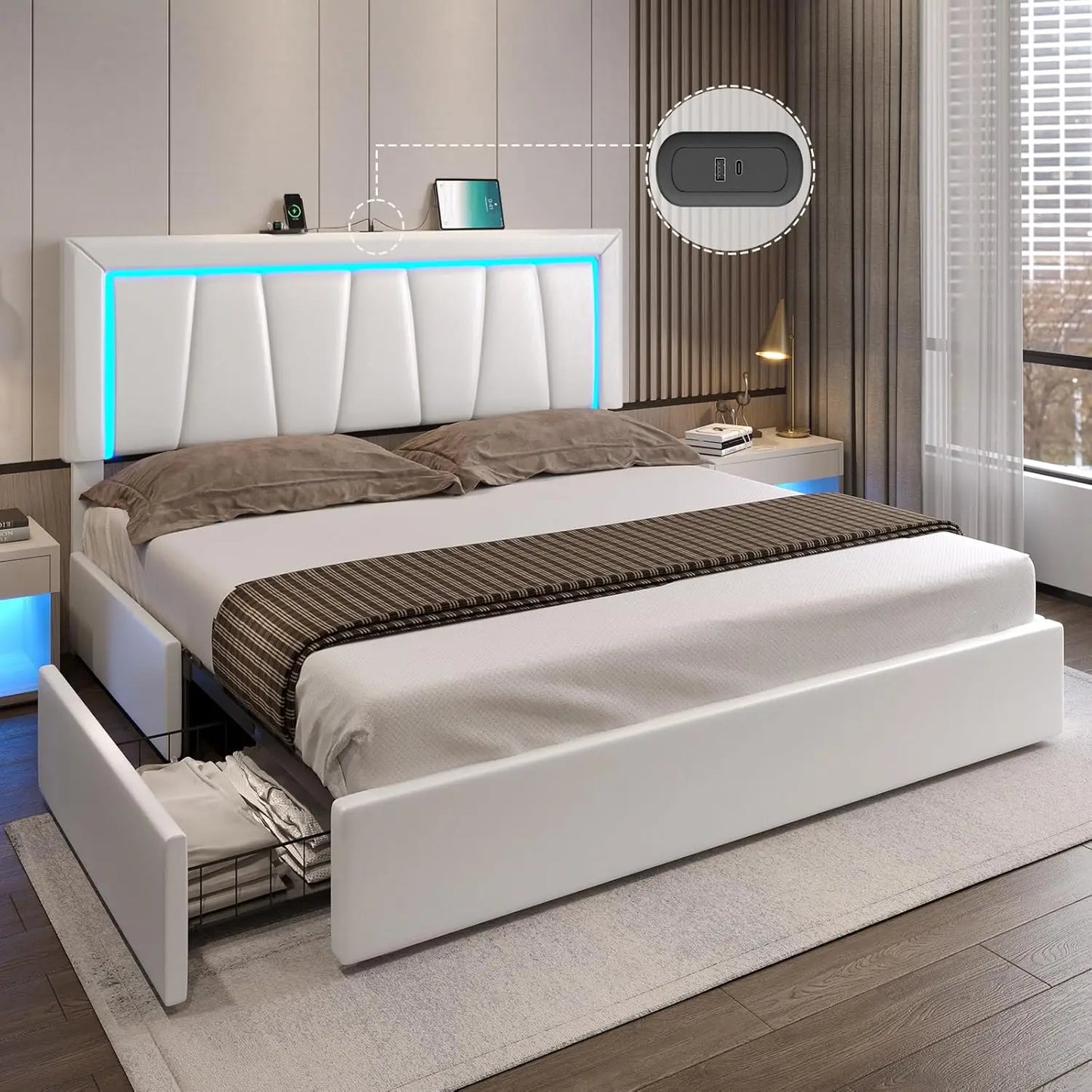 Bed Frame with 4 Storage Drawers and LED Lights - Faux Leather Upholstered Platform Bed with USB Ports，Adjustable LED Headboard