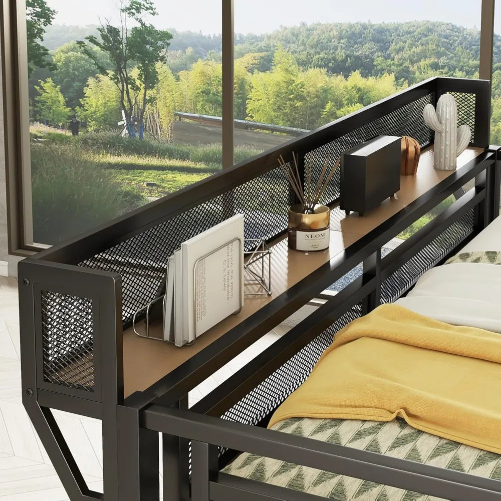 Queen Size Gaming Loft Bed with Stairs and Desk, Metal Loft Bed Frame with Bedside Shelf and Light, Heavy-Duty Adults Lofts Beds