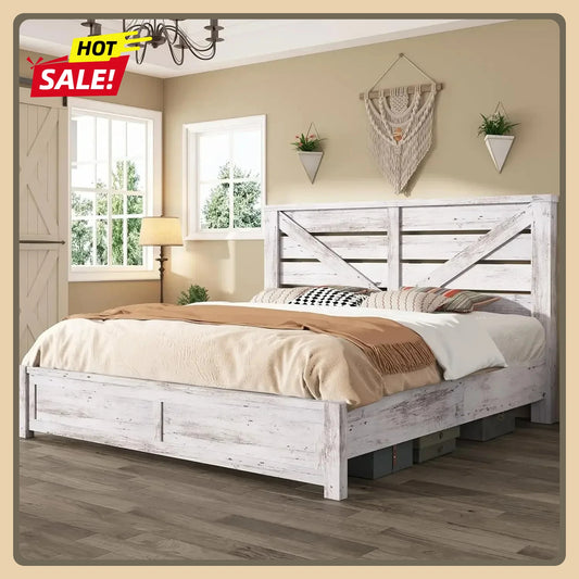 King Size Farmhouse Bed Frame, Platform, Under Bed Storage Space,Noisy Free, Distressed White with 49.2" Barn Door Headboard