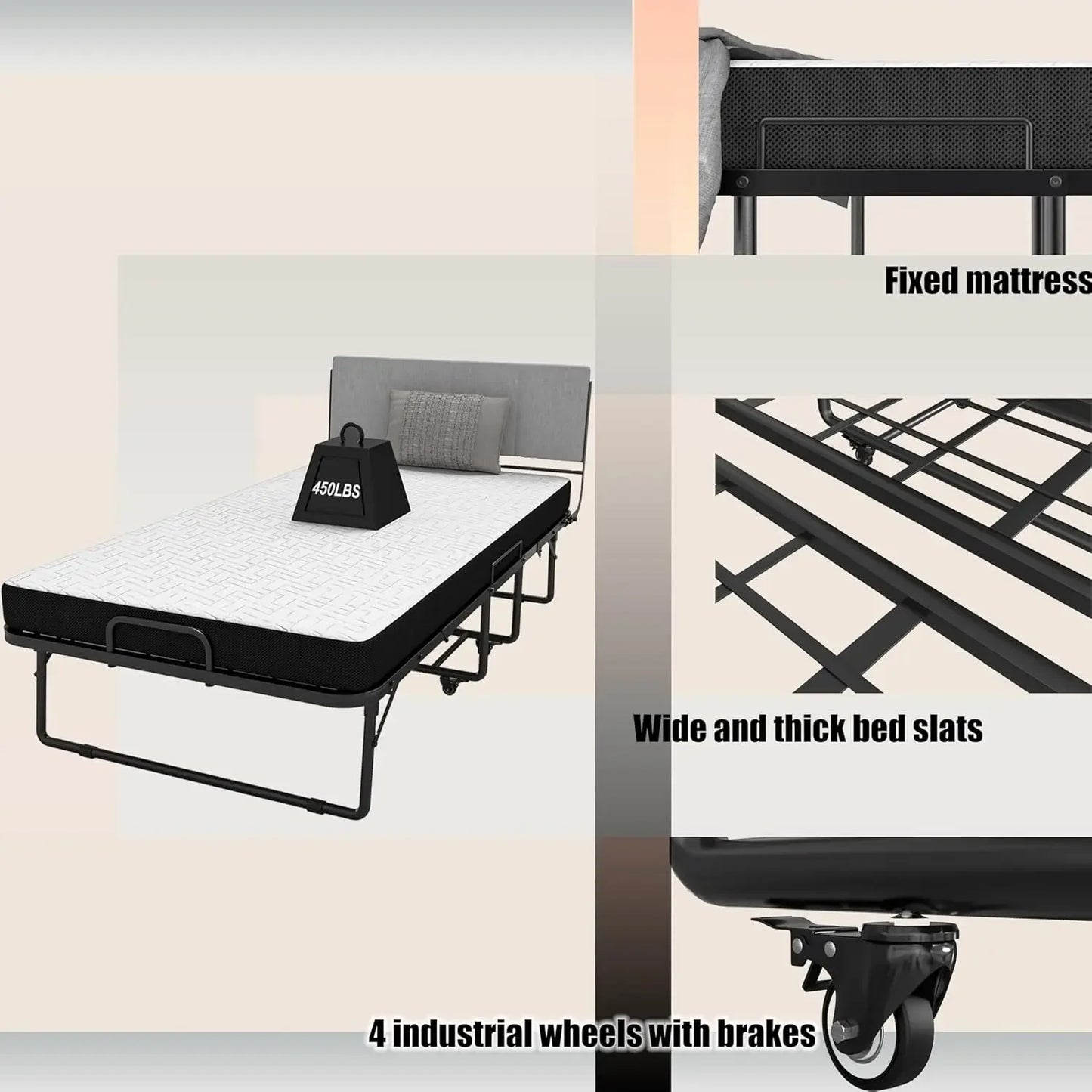 Folding Bed with Headboard, 75" x 39" Portable Frame with 5" Memory Foam Mattress, Twin Guest Bed Rollaway for Adult