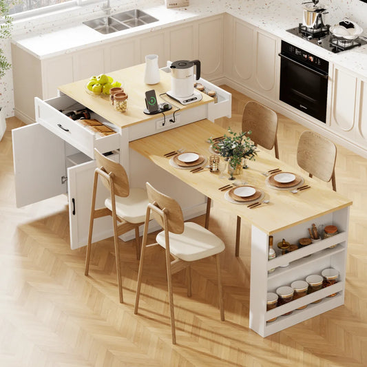 82.7 inch Kitchen Island with Extendable Dining Table for 4-6 Person,Two-tone Kitchen Table with Double-sized Storage, Power