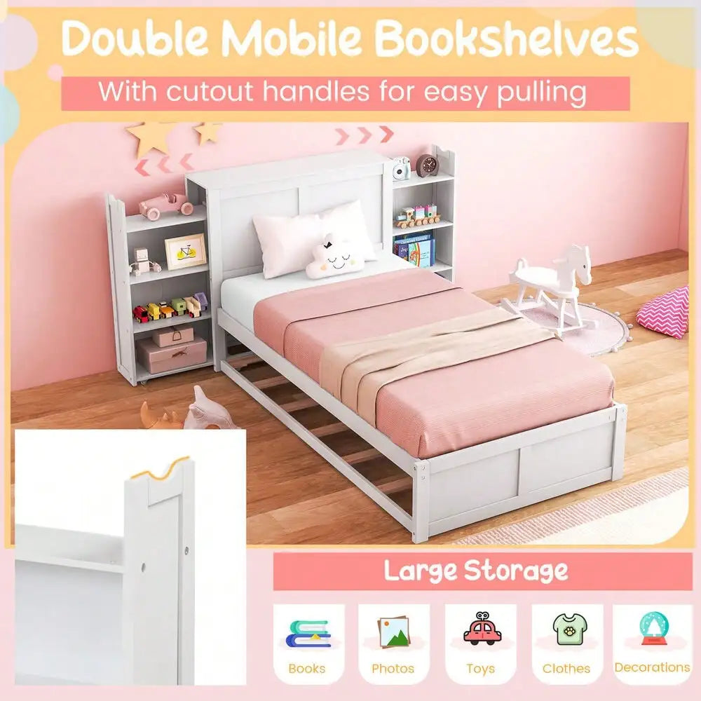 Wooden Twin Platform Bed with Trundle Storage Headboard Pull Out Shelves White