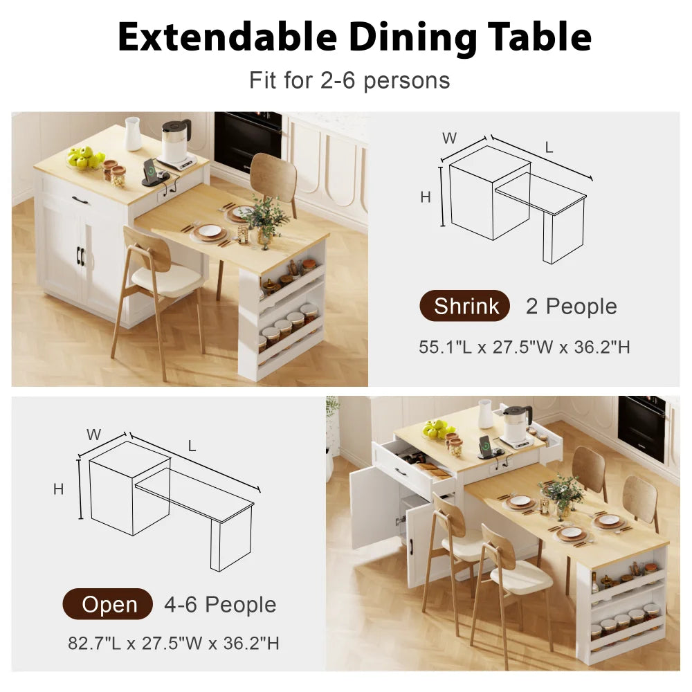 82.7 inch Kitchen Island with Extendable Dining Table for 4-6 Person,Two-tone Kitchen Table with Double-sized Storage, Power