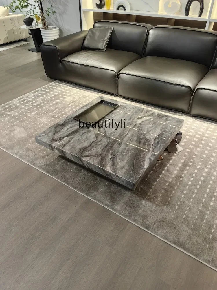 X188Italian Minimalist Designer Brown Natural Marble Square Coffee Table Living Room Stainless Steel Brushed Base