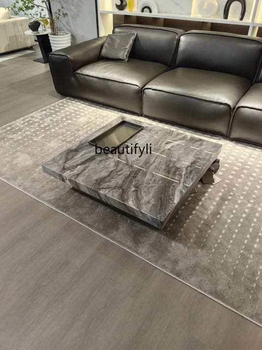 X188Italian Minimalist Designer Brown Natural Marble Square Coffee Table Living Room Stainless Steel Brushed Base