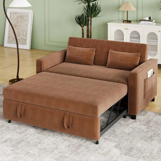 Pull Out Couch,Corduroy Convertible Sofa Bed,Pull Out Sofa Bed with 3 Level Adjustable Backrest & Storage Pockets and 2 Toss Pil