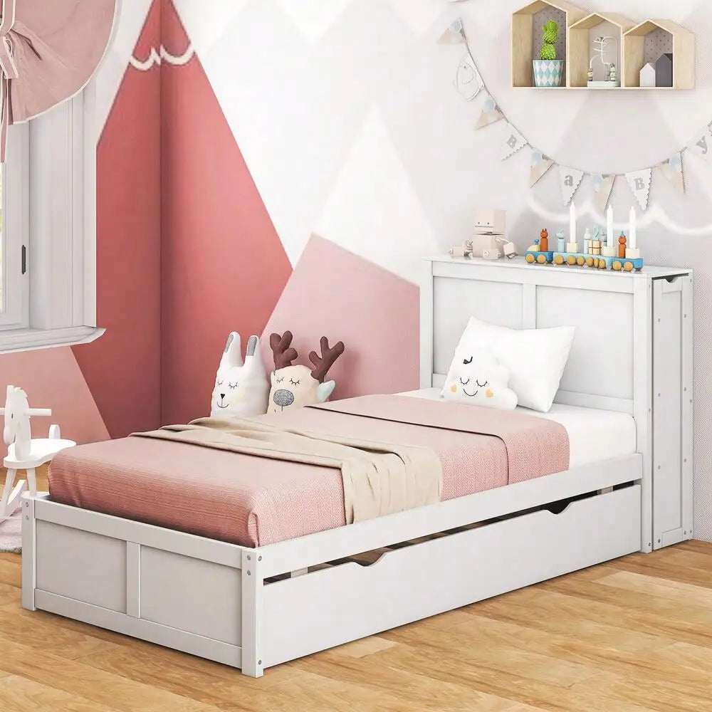 Wooden Twin Platform Bed with Trundle Storage Headboard Pull Out Shelves White