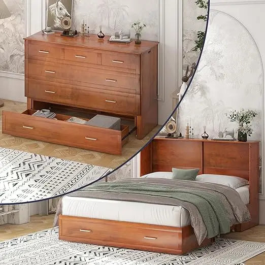 Murphy Bed, Queen Size Cabinet Beds, Elegant Adult Guest Bed with Mattress, Charging Station, Storage Drawer, Solid Wood Frame,