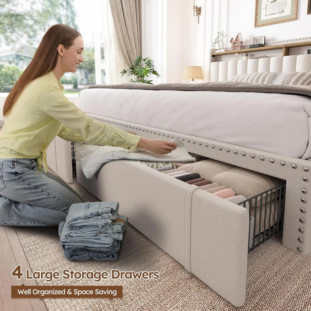 EnHomee King Size Bed Frame with 4 Storage Drawers,Upholstered King Bed Frame and Headboard,2-Tier Shelves,1200LBS for Strong Su