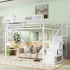 Queen Size Gaming Loft Bed with Stairs and Desk, Metal Loft Bed Frame with Bedside Shelf and Light, Heavy-Duty Adults Lofts Beds