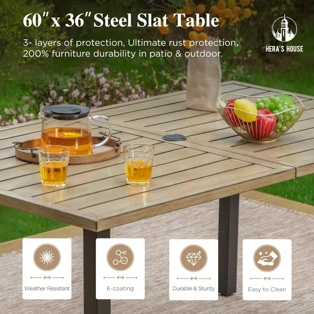 HERA'S HOUSE 6-Person Outdoor Dining Table Rectangular Metal Patio Table with Umbrella Hole Weather Resistant Wood-Like Finish