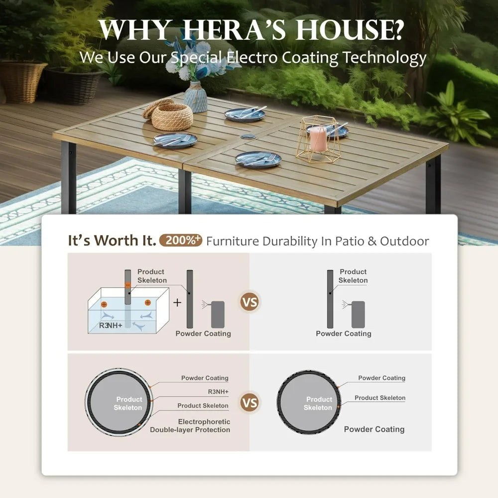 HERA'S HOUSE 6-Person Outdoor Dining Table Rectangular Metal Patio Table with Umbrella Hole Weather Resistant Wood-Like Finish