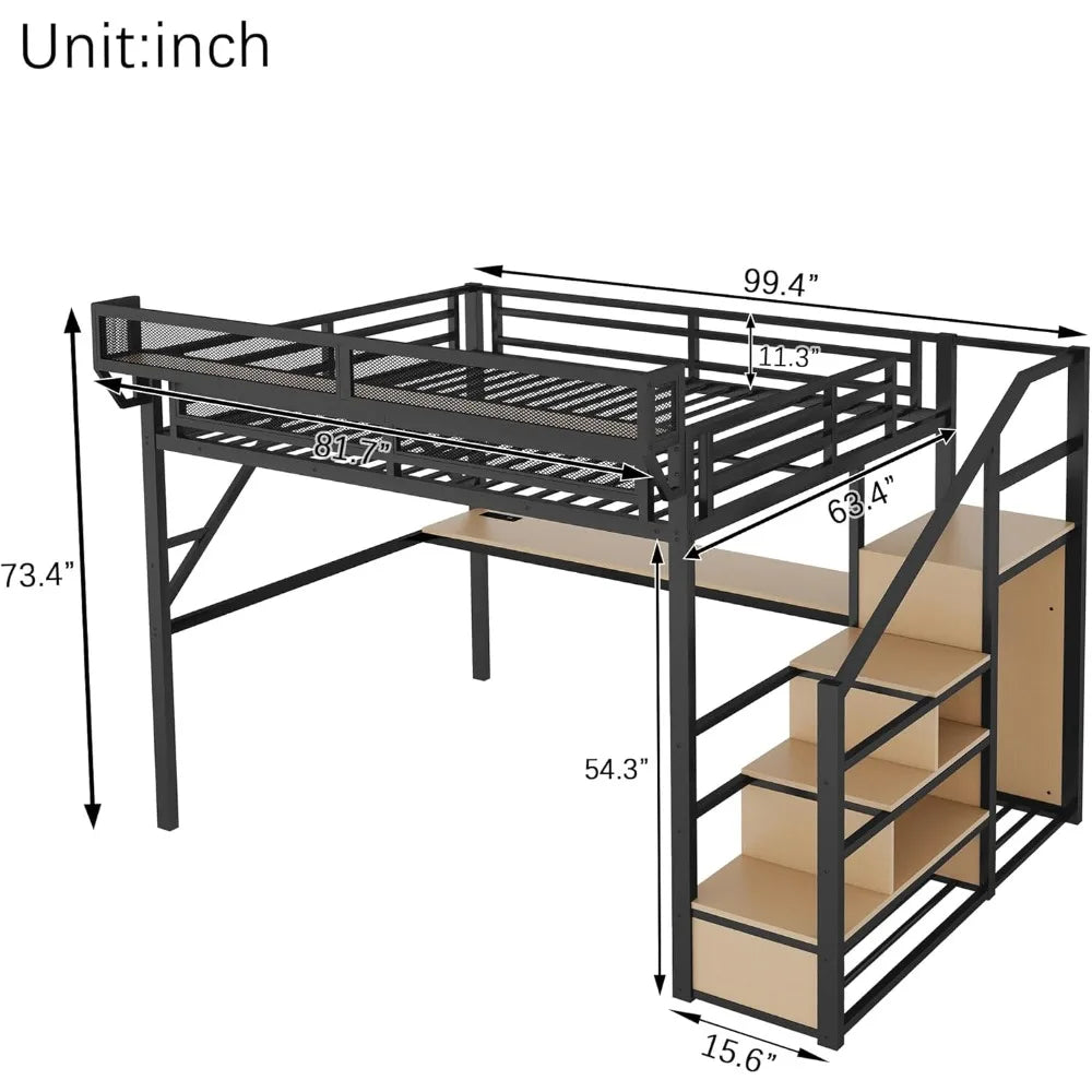 Queen Size Gaming Loft Bed with Stairs and Desk, Metal Loft Bed Frame with Bedside Shelf and Light, Heavy-Duty Adults Lofts Beds
