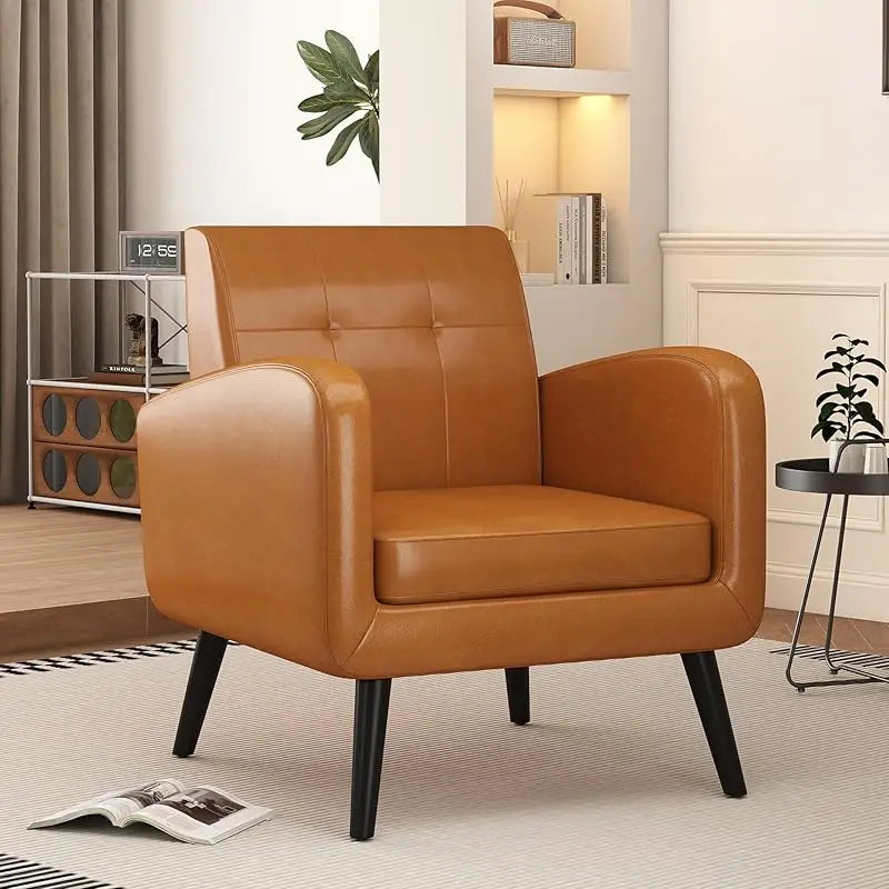TTF Upholstered Fabric Cozy Armchairs, Living Room Side Chair with Solid Wood Legs, Beige CS
