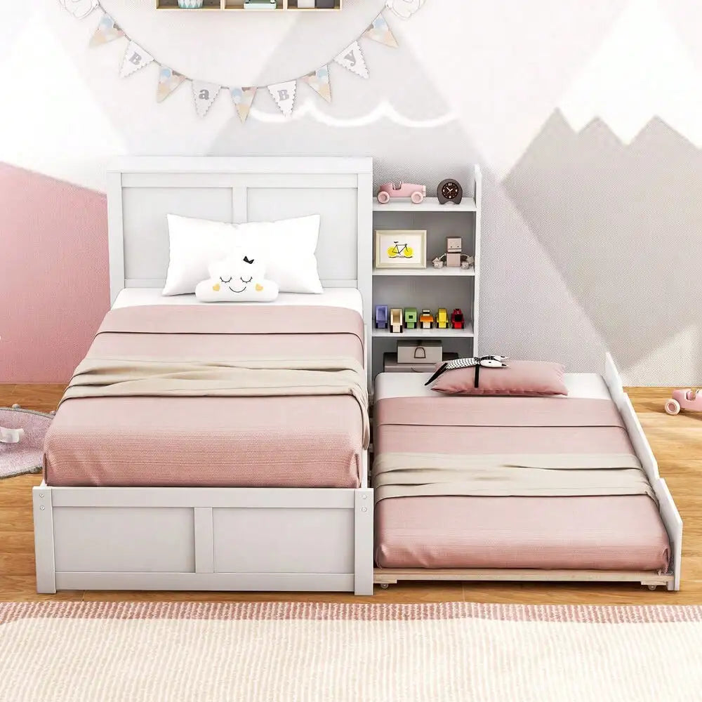 Wooden Twin Platform Bed with Trundle Storage Headboard Pull Out Shelves White