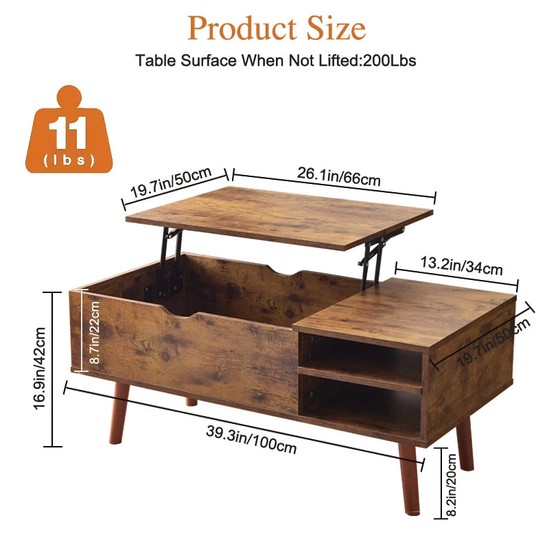 Wood Lift Top Coffee Table with Hidden Compartment and Adjustable Storage Shelf, Lift Tabletop Dining Table for Home Living Room