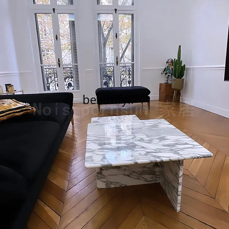 Nordic minimalist natural white marble coffee table, creative living room sofa square, coffee table