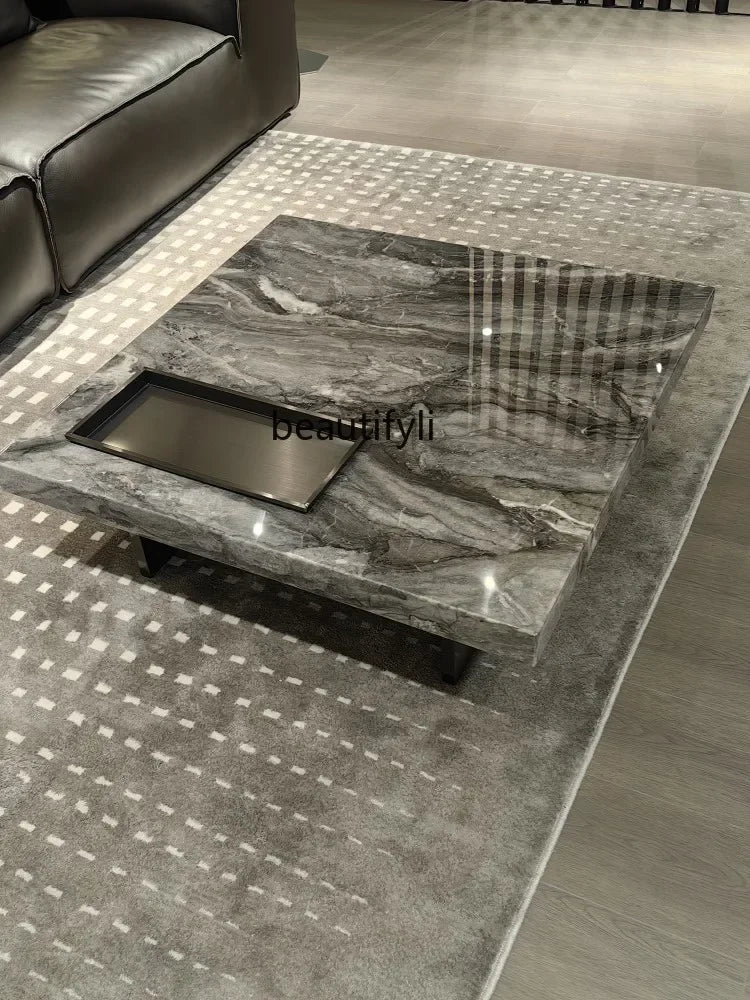 X188Italian Minimalist Designer Brown Natural Marble Square Coffee Table Living Room Stainless Steel Brushed Base