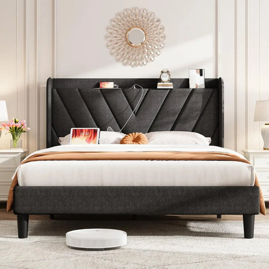 Queen Bed Frame with Headboard, Adjustable Upholstered Platform Bed Frame with Type-C&USB Ports, Wingback Storage Headboard