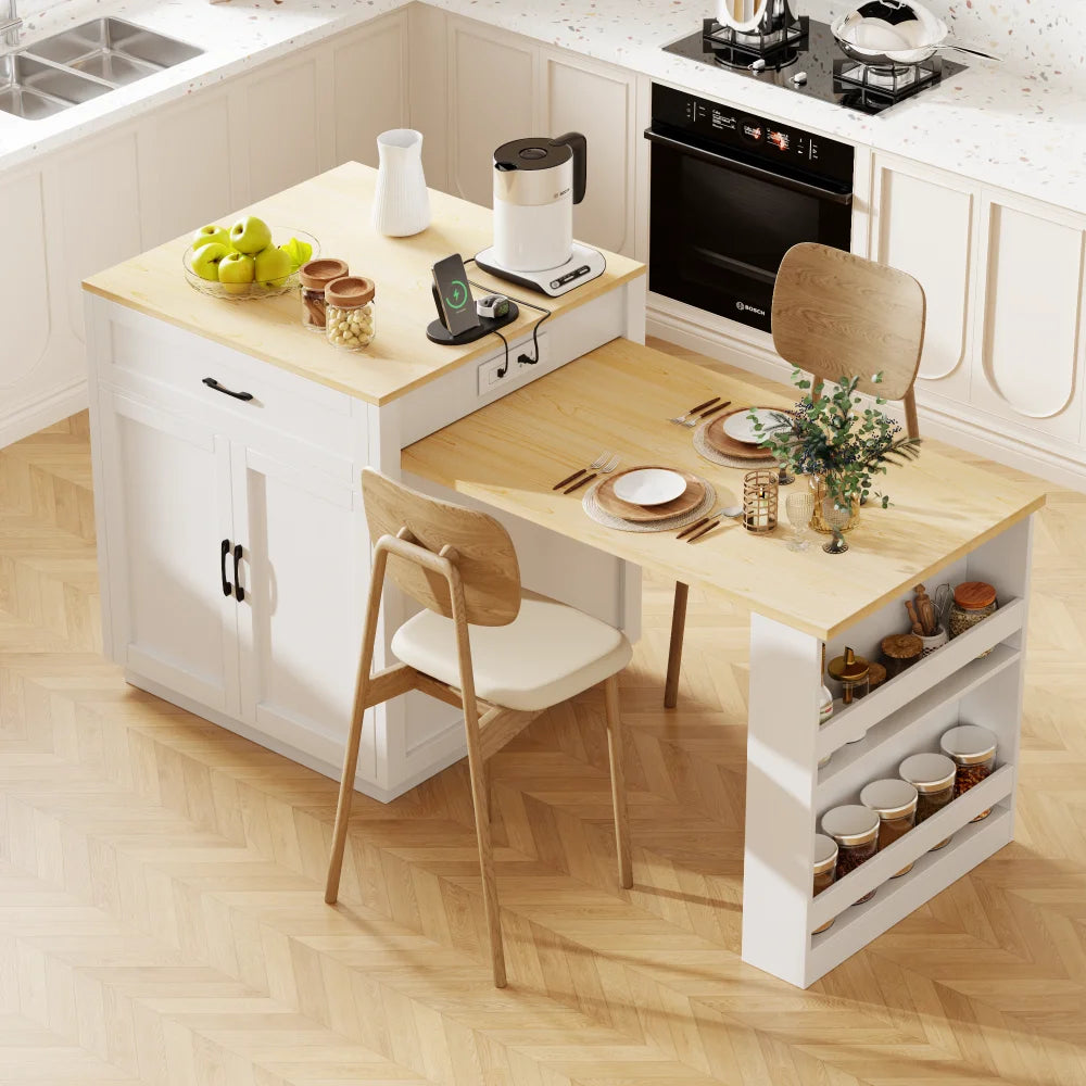 82.7 inch Kitchen Island with Extendable Dining Table for 4-6 Person,Two-tone Kitchen Table with Double-sized Storage, Power