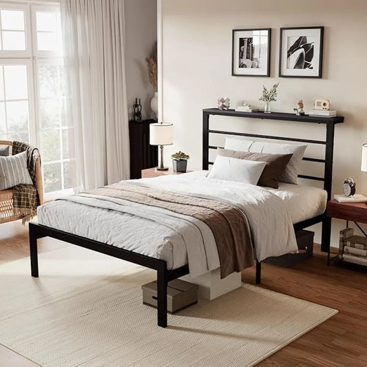 Twin Size Bed Frame with Headboard Shelf and Strong Metal Foundation, No Box Spring Needed, Black