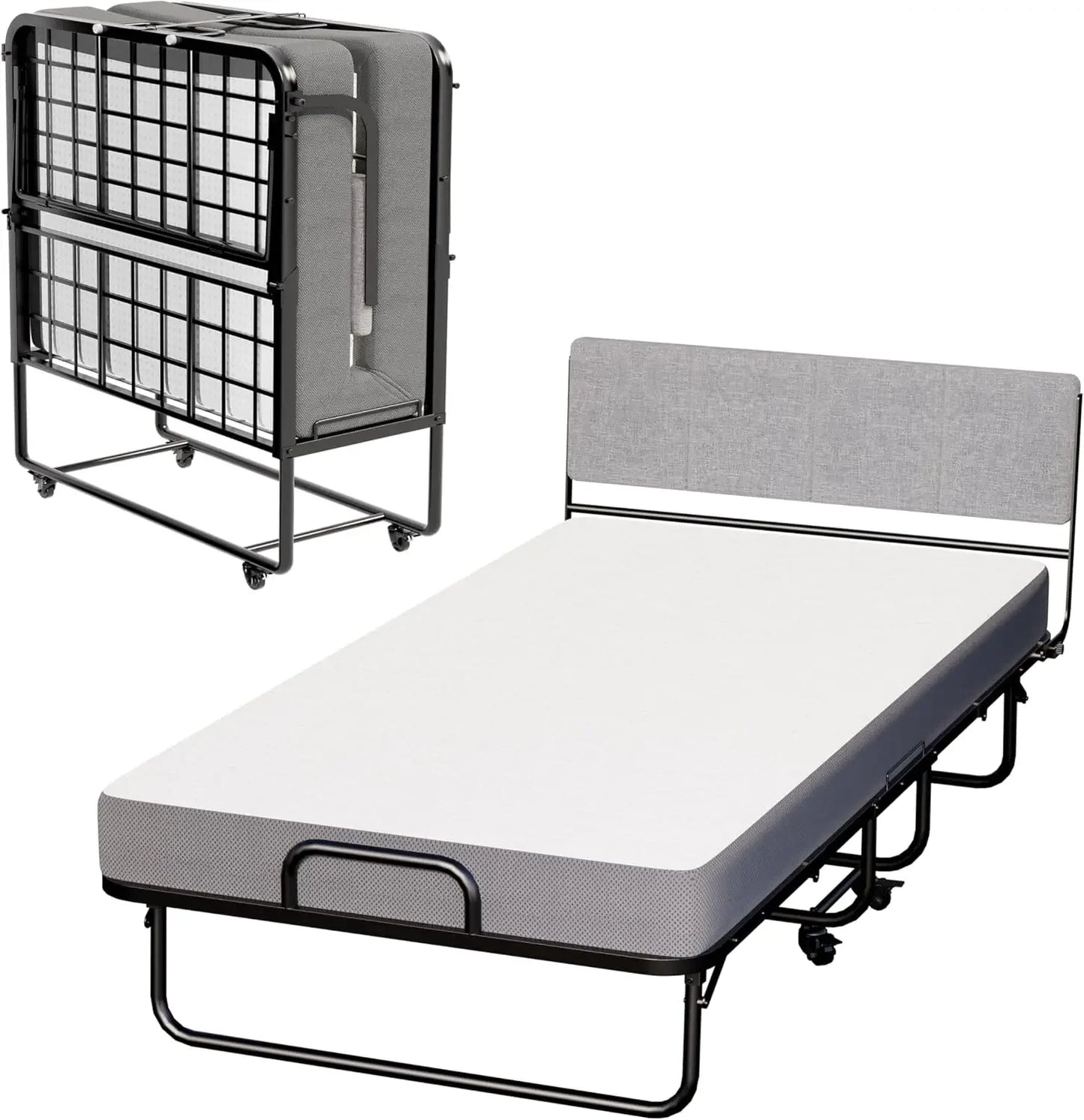 Folding Bed with Headboard, 75" x 39" Portable Frame with 5" Memory Foam Mattress, Twin Guest Bed Rollaway for Adult
