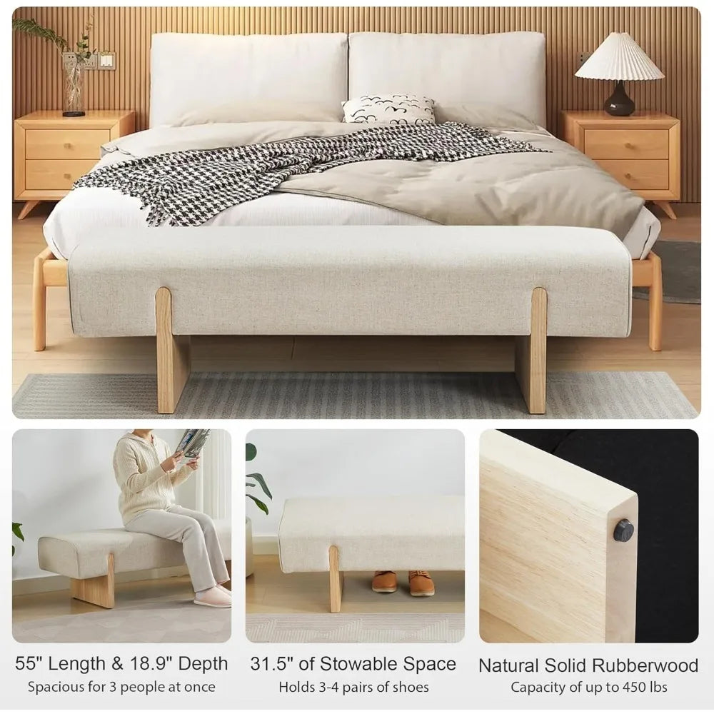 Solid Wooden Bench for Bedroom, 55'' Linen Fabric End of Bed Bench Queen Size, Modern Accent Entryway Bench