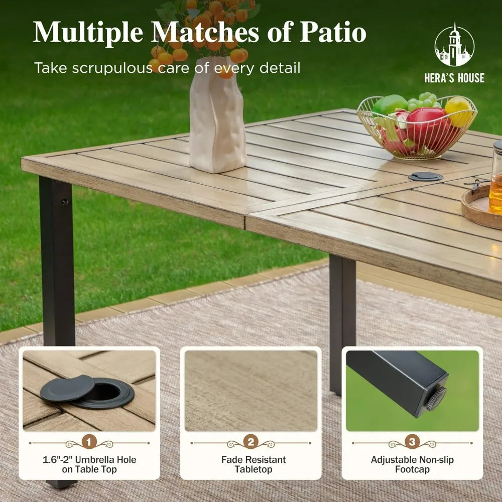 HERA'S HOUSE 6-Person Outdoor Dining Table Rectangular Metal Patio Table with Umbrella Hole Weather Resistant Wood-Like Finish