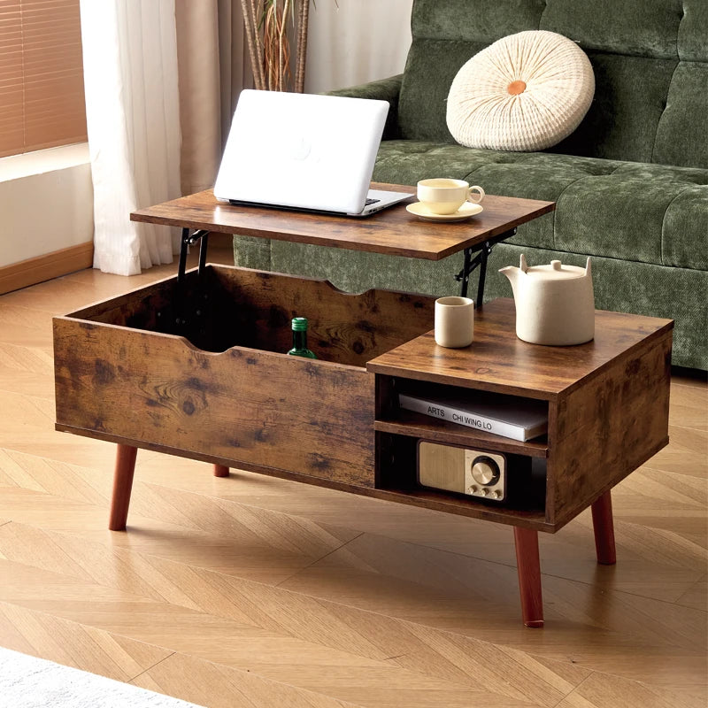 Wood Lift Top Coffee Table with Hidden Compartment and Adjustable Storage Shelf, Lift Tabletop Dining Table for Home Living Room