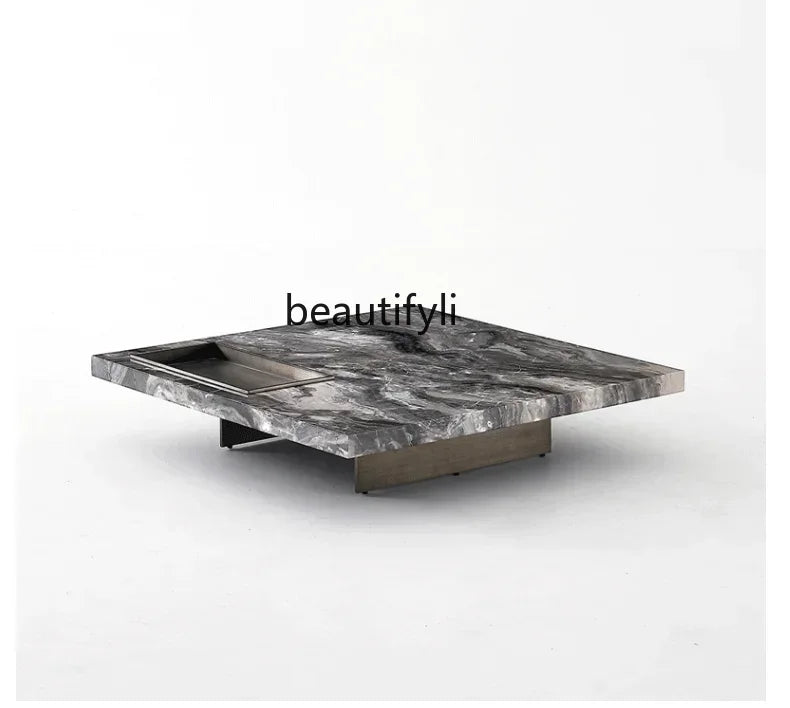 X188Italian Minimalist Designer Brown Natural Marble Square Coffee Table Living Room Stainless Steel Brushed Base