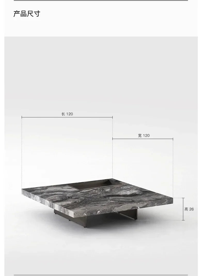 X188Italian Minimalist Designer Brown Natural Marble Square Coffee Table Living Room Stainless Steel Brushed Base