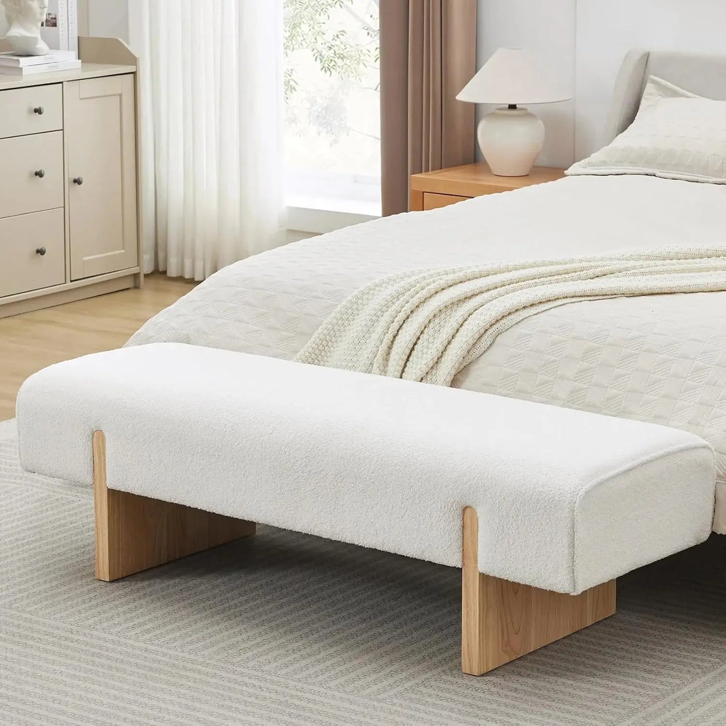 Solid Wooden Bench for Bedroom, 55'' Linen Fabric End of Bed Bench Queen Size, Modern Accent Entryway Bench