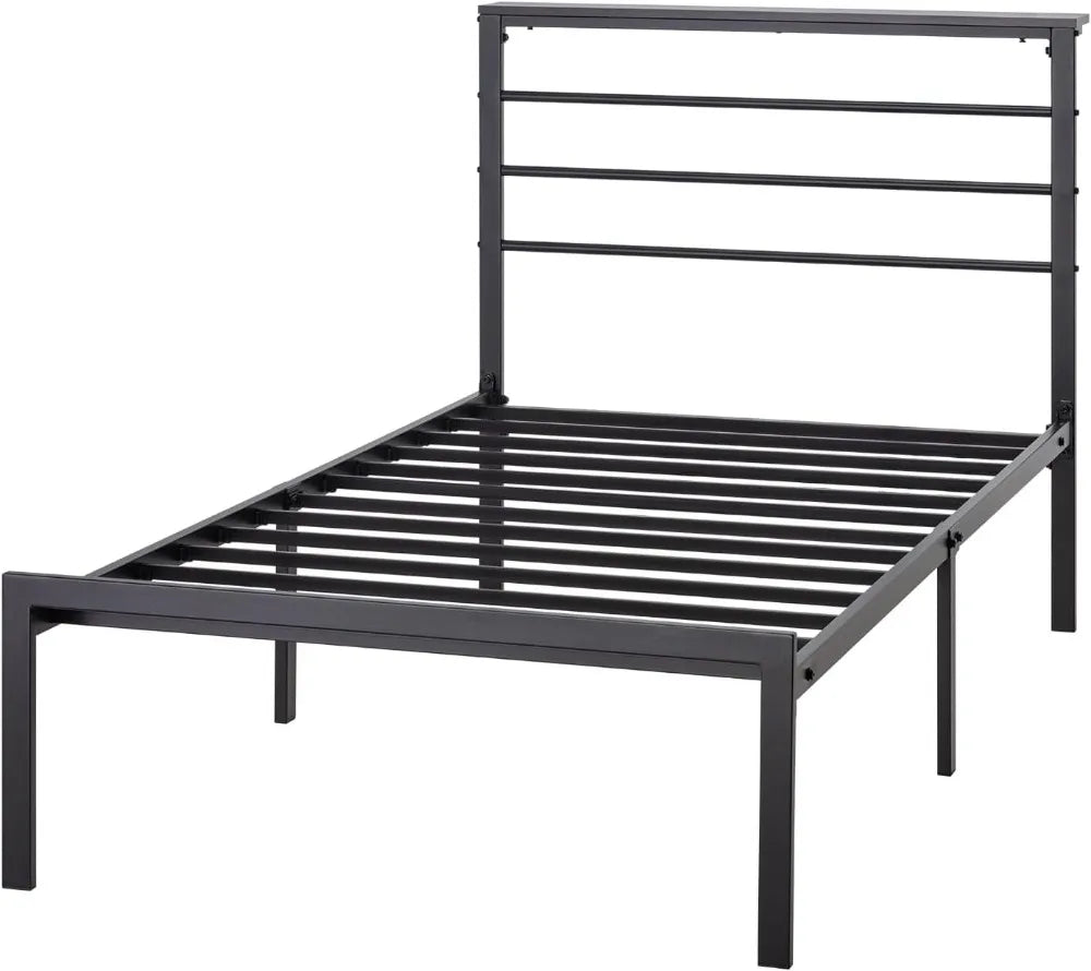 Twin Size Bed Frame with Headboard Shelf and Strong Metal Foundation, No Box Spring Needed, Black