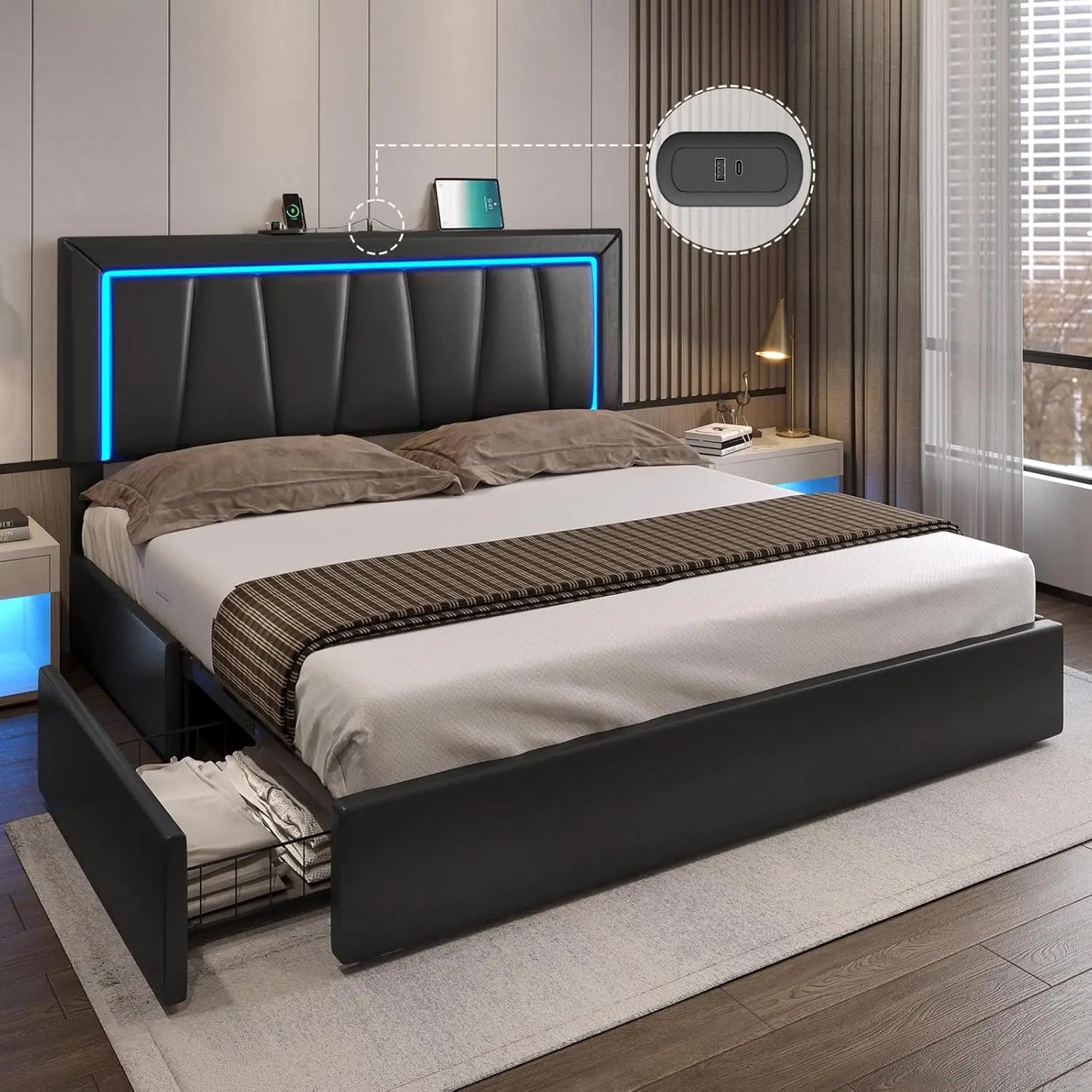 Bed Frame with 4 Storage Drawers and LED Lights - Faux Leather Upholstered Platform Bed with USB Ports，Adjustable LED Headboard