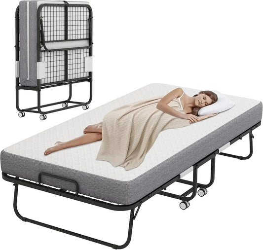 Large Folding Bed with Mattress for Adult - 75''x46'' Portable Foldable Rollaway Bed for Guest, Space Saving Fold Up Bed