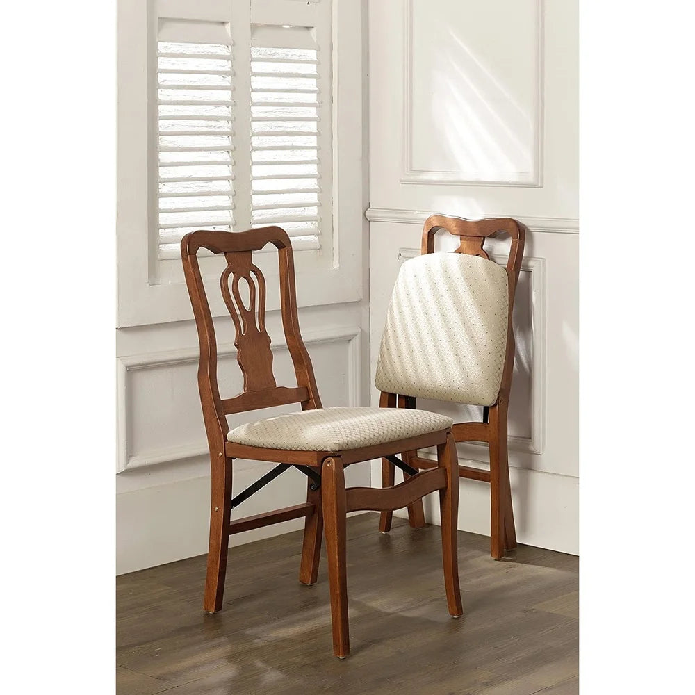 Folding Hardwood Chairs Set of 2 with Blush Upholstery Steel Mechanism Traditional Design Indoor Use Elegant Storage Solution