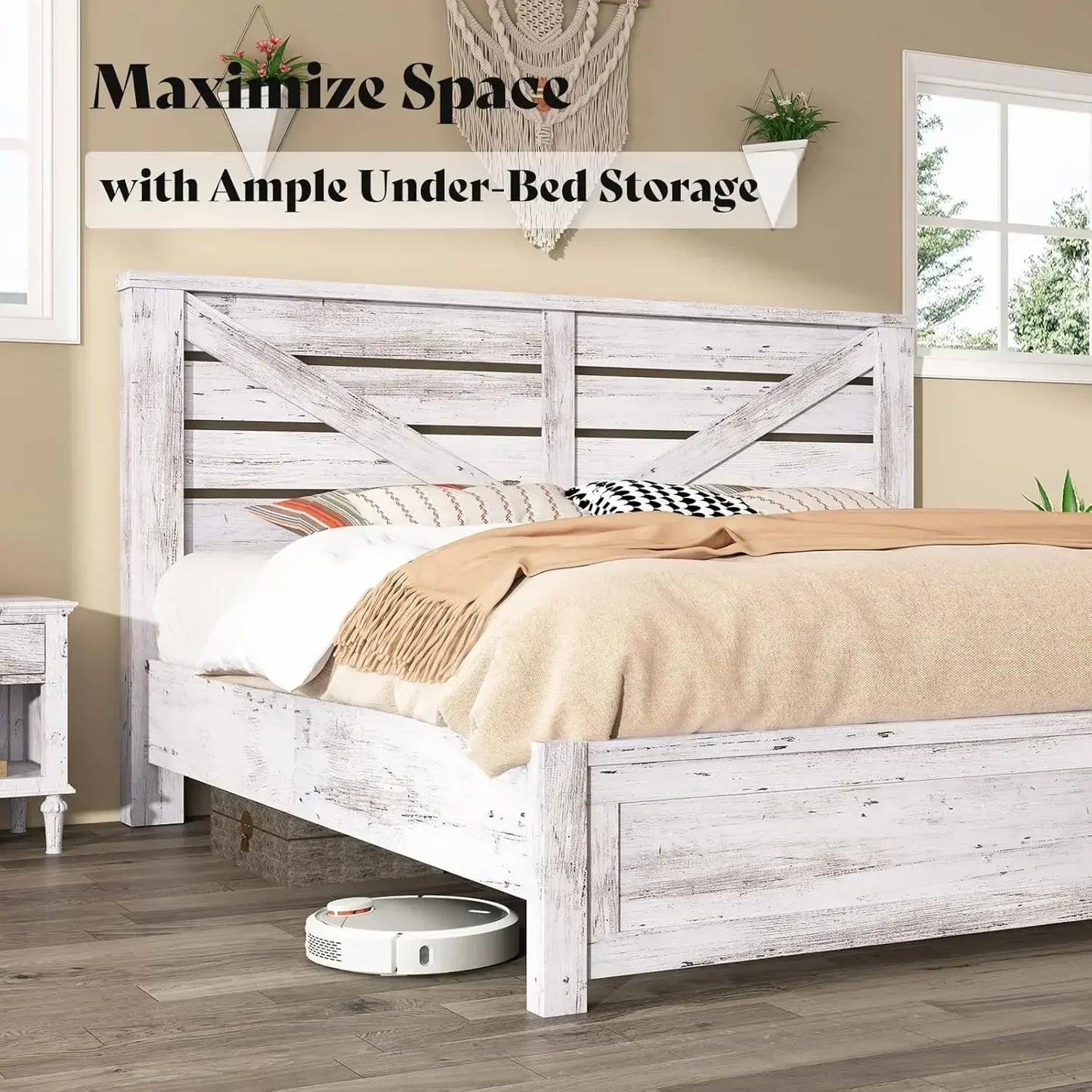 King Size Farmhouse Bed Frame, Platform, Under Bed Storage Space,Noisy Free, Distressed White with 49.2" Barn Door Headboard