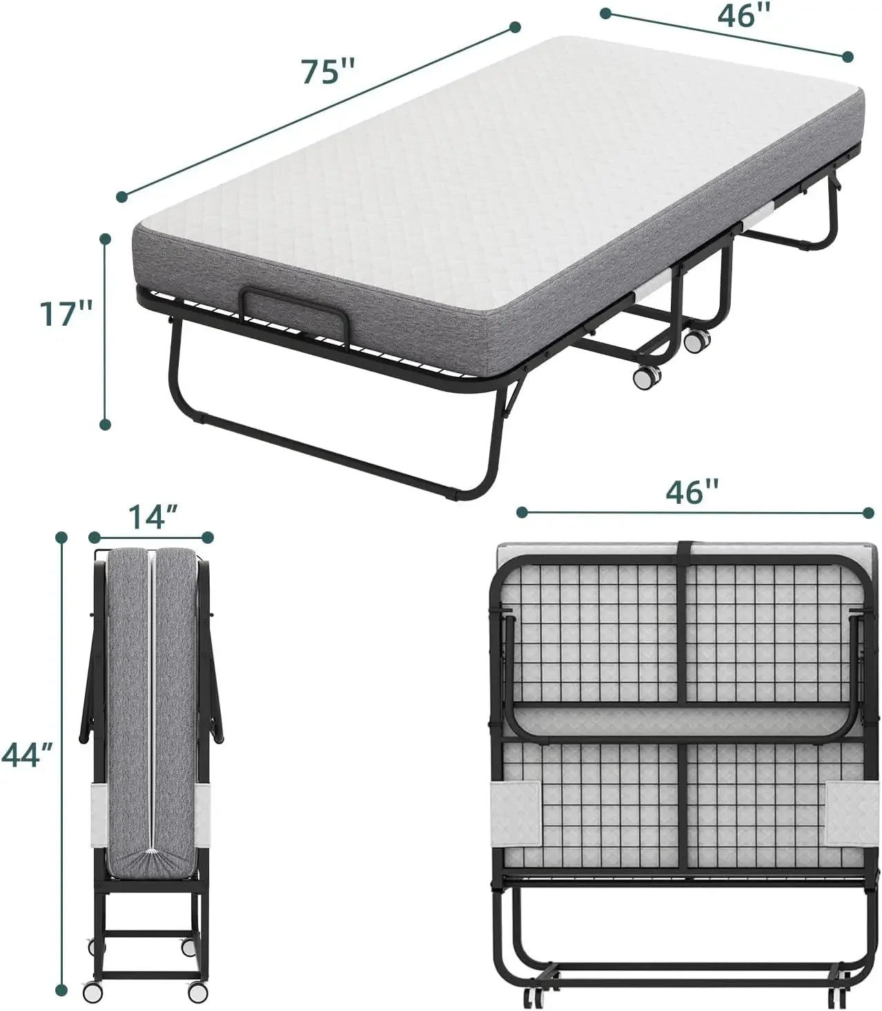 Folding Bed with Mattress, 75''x46'' upsize with Upgraded Sturdy Frame, Adult Portable, Space Saving